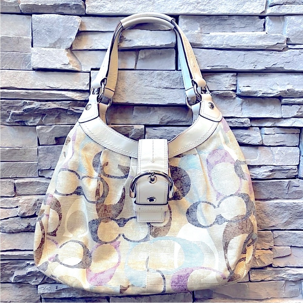 Coach Large Soho Signature Pastel &White LeatherHoboShoulderBag. LotsofSpace!EUC